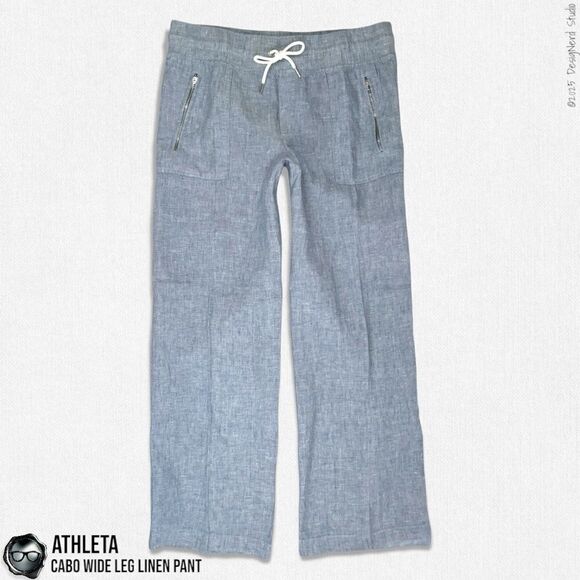 ATHLETA CABO LINEN WIDE LEG PANTS IN CHAMBRAY BLUE WOMEN 12/LARGE TRAVEL CASUAL - Picture 2 of 13